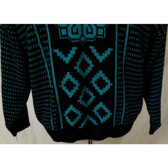 Vtg. G.F.C. Womens M/L Black Aqua Geometric Long Sleeve Made in NY USA Sweater - Picture 10 of 12